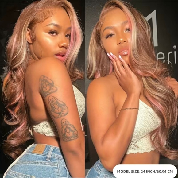 Ombré Highlight Golden Brown/Pink Body Wave Human Hair 13x4 Lace Frontal Wig - Picture 4 of 9